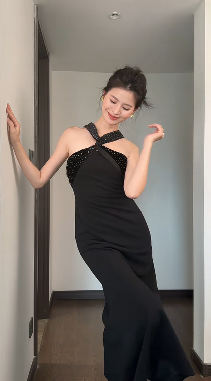 Chic Black Date Dress V-neck Sheath Evening Dress Satin Guest Dress ED06659