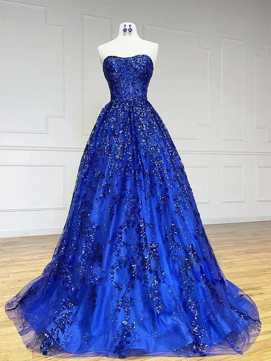 A-Line Sweetheart Neck Tulle Sequin Blue Long Prom Dress, Blue Long Formal Dress ED0666