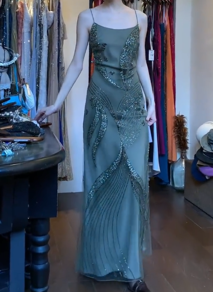 Vintage Green Long Prom Dress Spaghetti Straps Sheath Evening Dress Beaded Chiffon Sleeveless Formal Dress ED06666