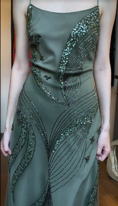 Vintage Green Long Prom Dress Spaghetti Straps Sheath Evening Dress Beaded Chiffon Sleeveless Formal Dress ED06666