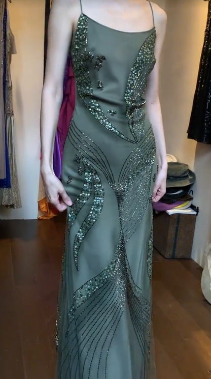 Vintage Green Long Prom Dress Spaghetti Straps Sheath Evening Dress Beaded Chiffon Sleeveless Formal Dress ED06666