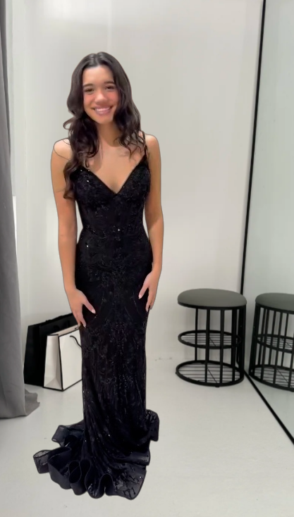 Robes d'anniversaire élégantes bleu dégradé, col en V, paillettes, mousseline, fourreau, robes de bal, robes de soirée ED04456