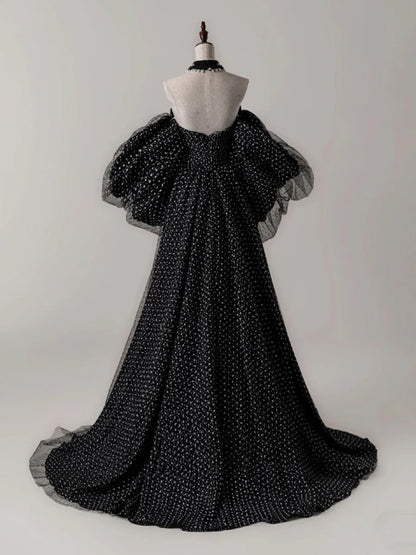 Black A- Line Tulle Long Prom Dress, Black Long Formal Dress ED0667