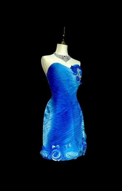Chic Blue Short Prom Dress Sweetheart Sheath Evening Dress Tulle Sleeveless Birthday Dress ED06671