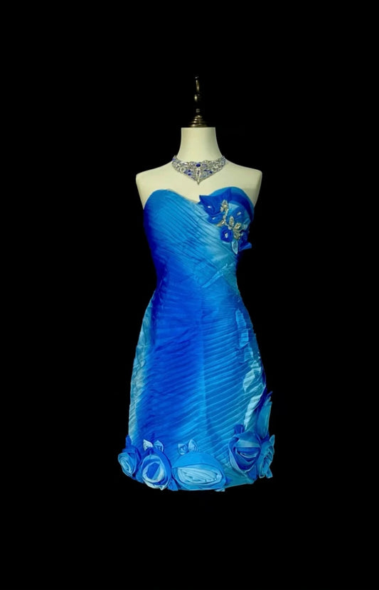 Chic Blue Short Prom Dress Sweetheart Sheath Evening Dress Tulle Sleeveless Birthday Dress ED06671