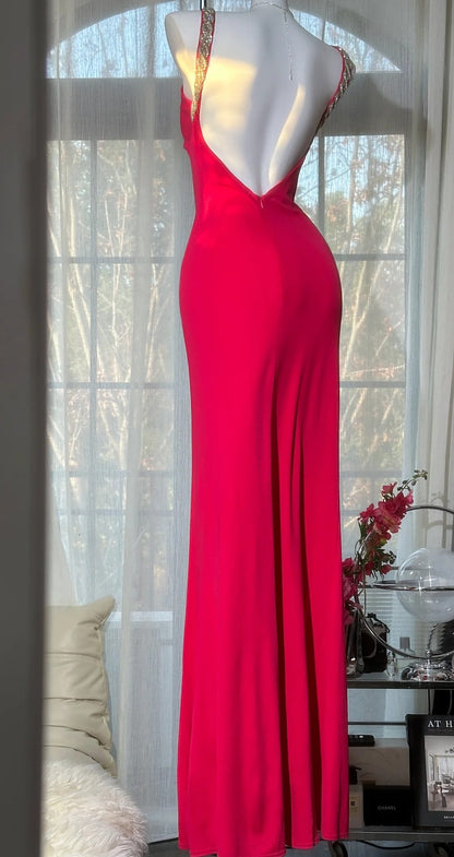 Vintage Red Long Prom Dress Chiffon Beaded Sheath Party Dress Slit Sleeveless Birthday Dress ED06676
