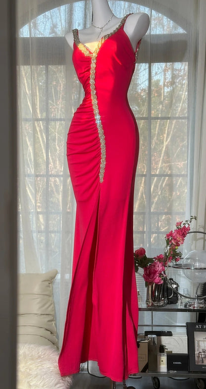 Vintage Red Long Prom Dress Chiffon Beaded Sheath Party Dress Slit Sleeveless Birthday Dress ED06676