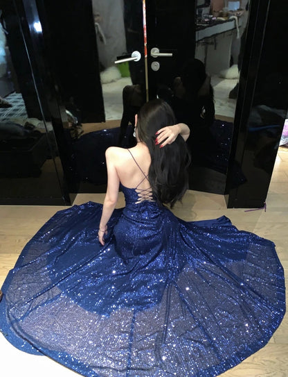 Sexy Navy Blue Long Prom Dress Sequins Sheath Evening Dress Slit Sleeveless Birthday Dress ED06677