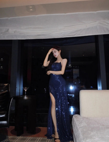 Sexy Navy Blue Long Prom Dress Sequins Sheath Evening Dress Slit Sleeveless Birthday Dress ED06677