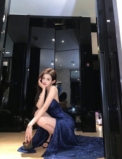 Sexy Navy Blue Long Prom Dress Sequins Sheath Evening Dress Slit Sleeveless Birthday Dress ED06677