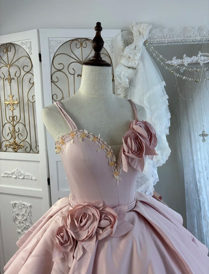 Cute Spaghetti Straps Pink Long Prom Dress Satin A-Line Evening Dress Sleeveless Birthday Dress ED06679