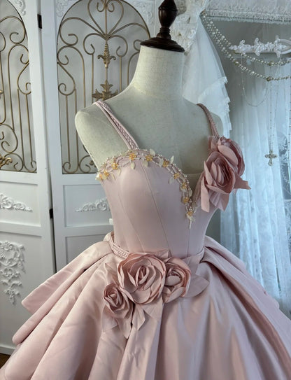 Cute Spaghetti Straps Pink Long Prom Dress Satin A-Line Evening Dress Sleeveless Birthday Dress ED06679