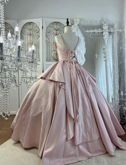 Cute Spaghetti Straps Pink Long Prom Dress Satin A-Line Evening Dress Sleeveless Birthday Dress ED06679