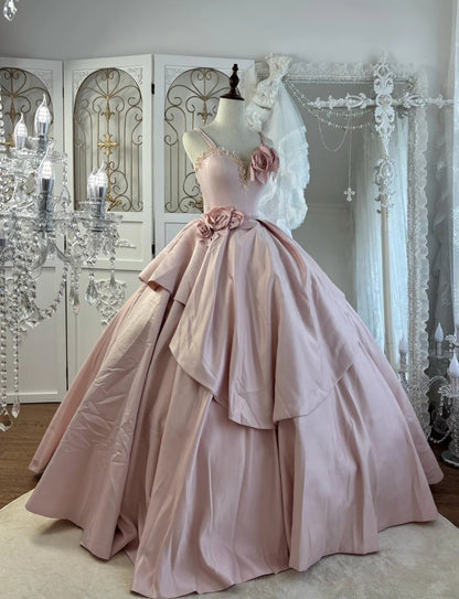 Cute Spaghetti Straps Pink Long Prom Dress Satin A-Line Evening Dress Sleeveless Birthday Dress ED06679