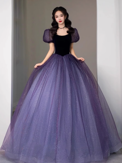 A-Line Puff sleeves Tulle Velvet Purple Long Prom Dress, Purple Long Formal Dress ED0668