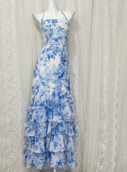 Cute Halter Blue Floral Long Prom Dress Chiffon Sheath Evening Dress Backless Sleeveless Birthday Dress ED06680