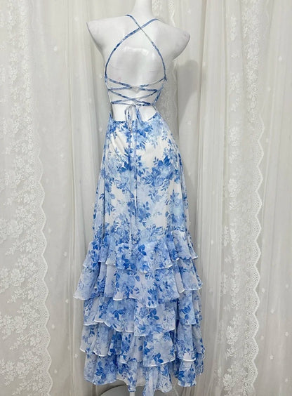 Cute Halter Blue Floral Long Prom Dress Chiffon Sheath Evening Dress Backless Sleeveless Birthday Dress ED06680