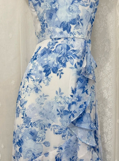 Cute Halter Blue Floral Long Prom Dress Chiffon Sheath Evening Dress Backless Sleeveless Birthday Dress ED06680
