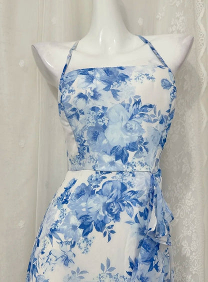 Cute Halter Blue Floral Long Prom Dress Chiffon Sheath Evening Dress Backless Sleeveless Birthday Dress ED06680