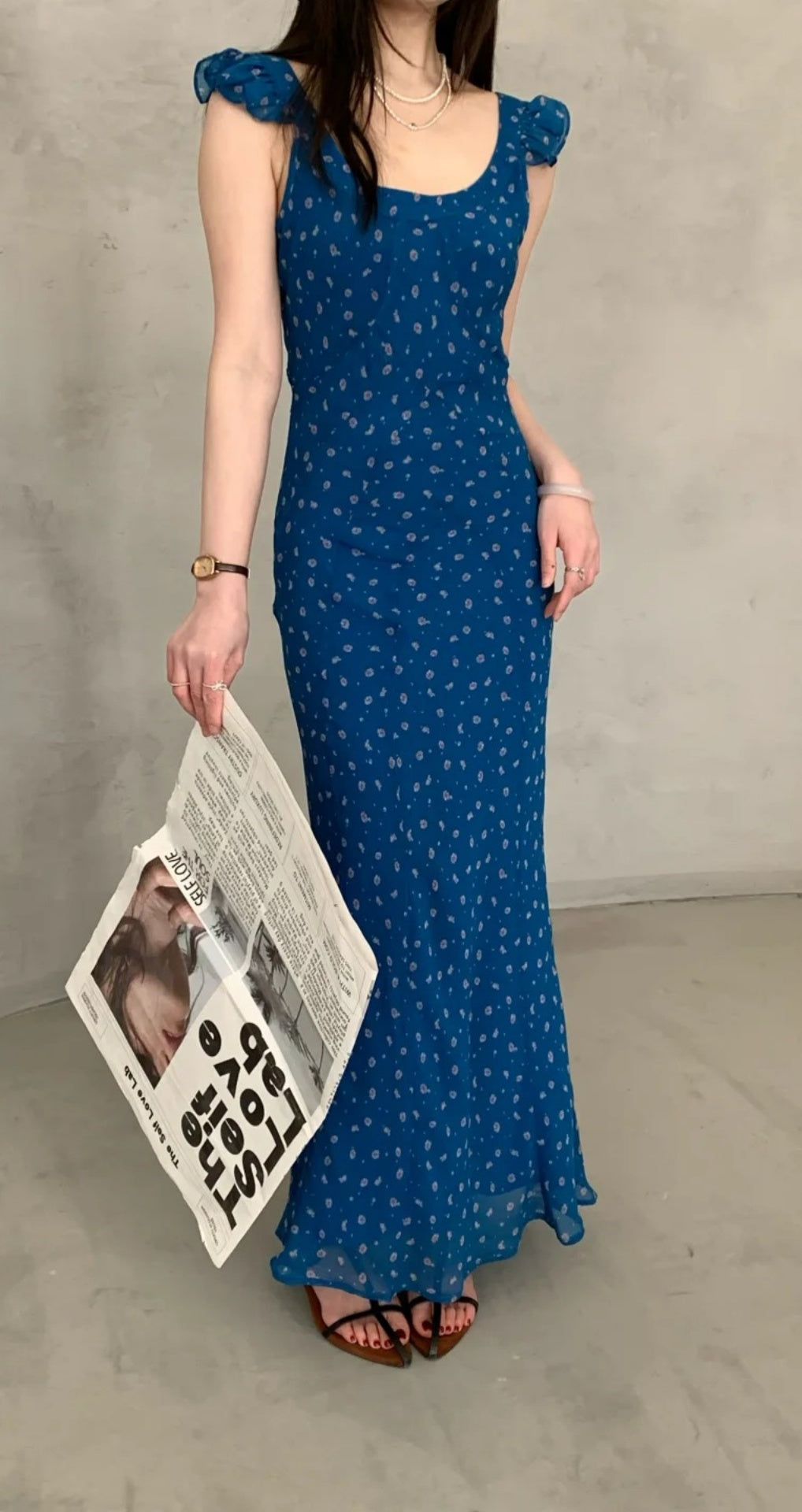 Gorgeous V-neck Blue Floral Long Prom Dress Chiffon Sheath Evening Dress Sleeveless Birthday Dress ED06682