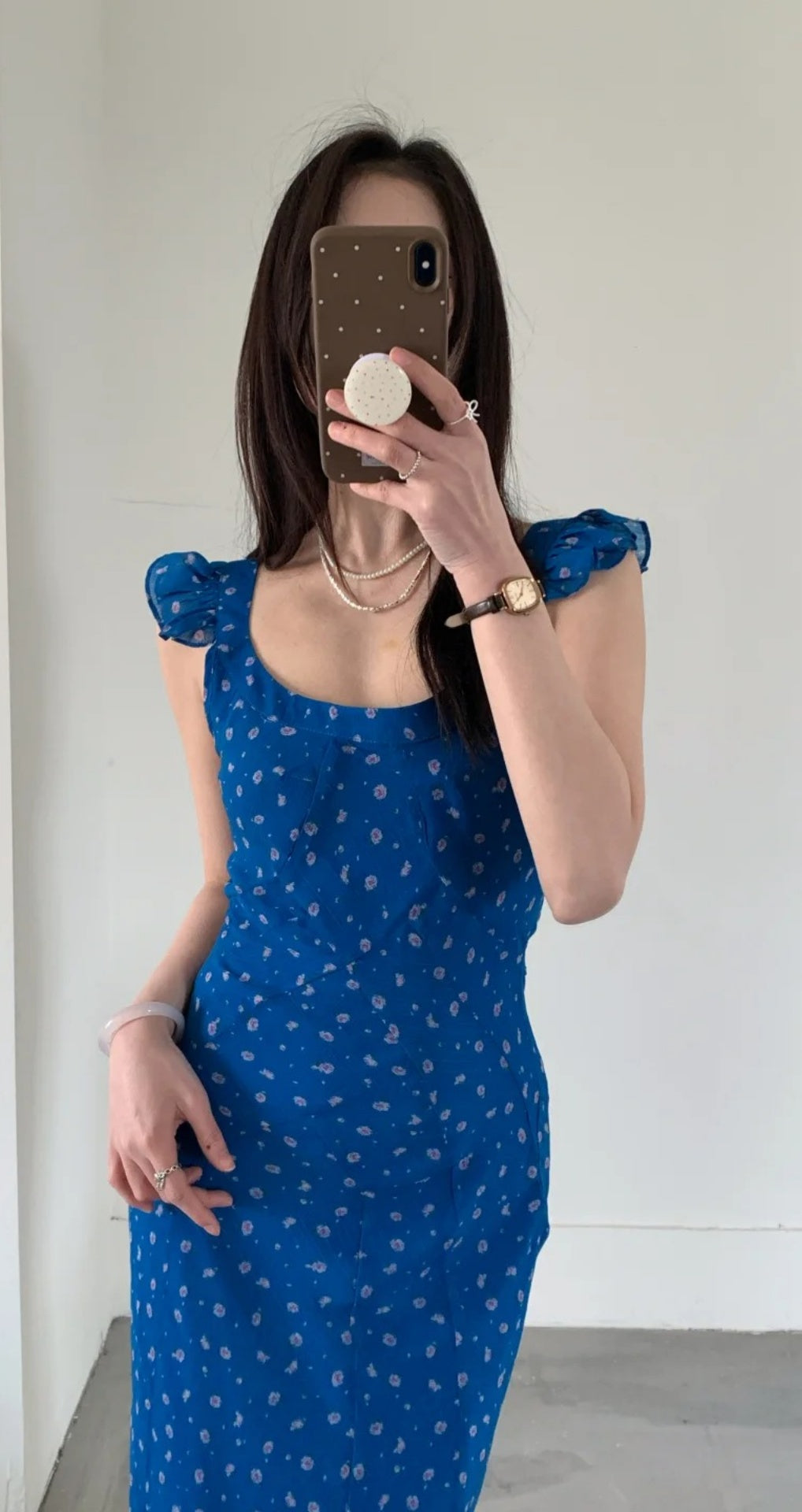 Gorgeous V-neck Blue Floral Long Prom Dress Chiffon Sheath Evening Dress Sleeveless Birthday Dress ED06682