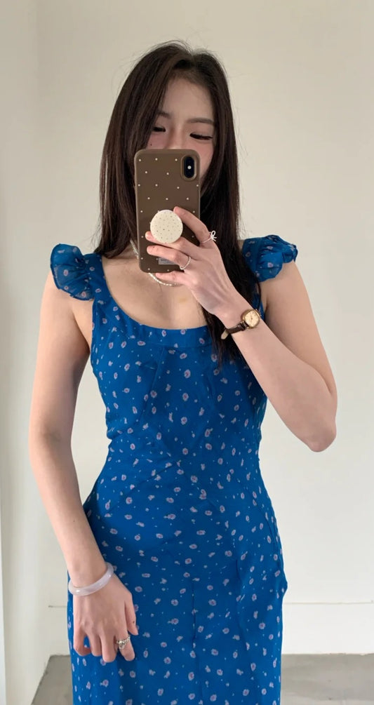 Gorgeous V-neck Blue Floral Long Prom Dress Chiffon Sheath Evening Dress Sleeveless Birthday Dress ED06682