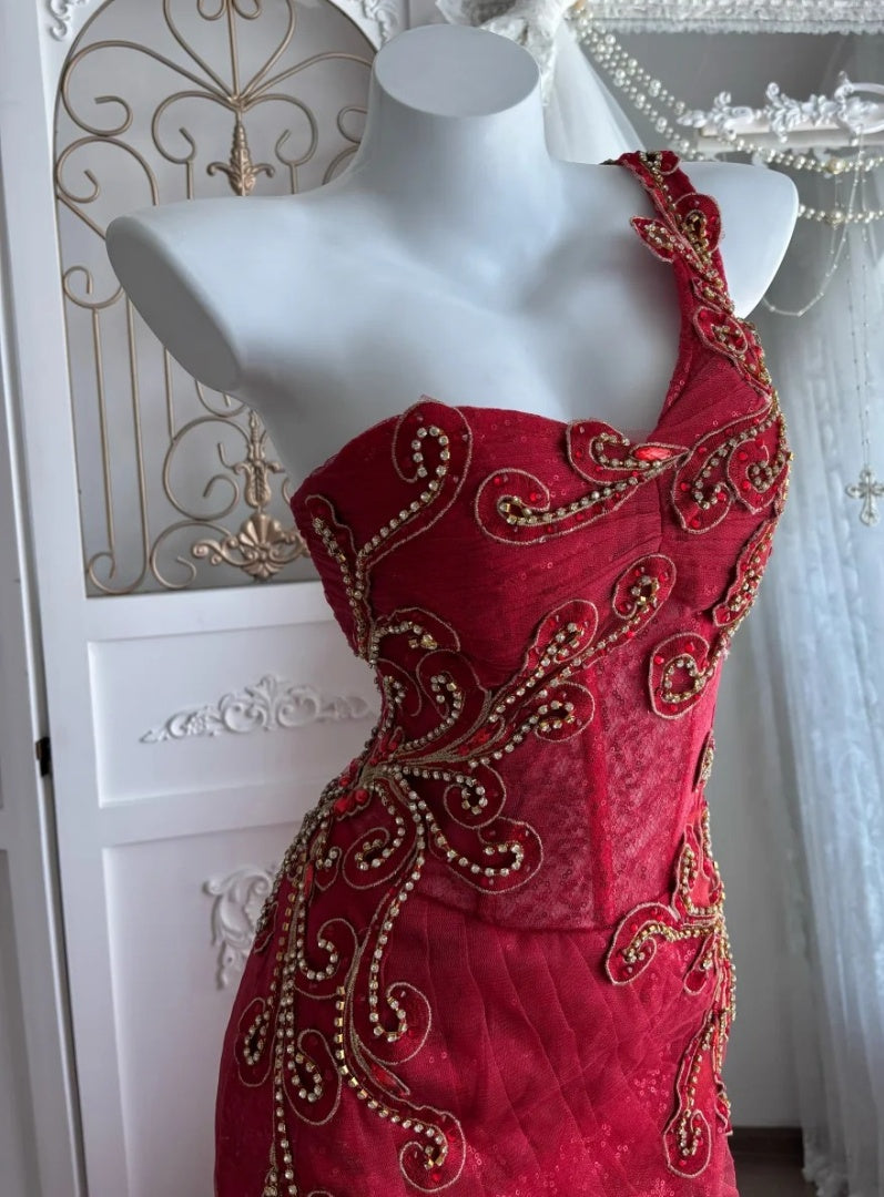 Vintage One-shoulder Burgundy  Long Prom Dress Tulle Mermaid Evening Dress Sleeveless Birthday Dress ED06684