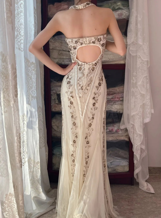 Vintage Halter Long Prom Dress Beaded Chiffon Sheath Evening Dress Sleeveless Birthday Dress ED06685