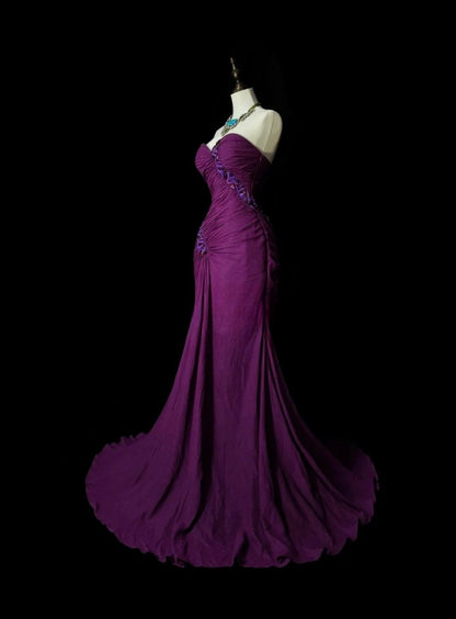 Elegant Sweetheart Purple Long Prom Dress Beaded Chiffon Sheath Evening Dress Sleeveless Birthday Dress ED06687