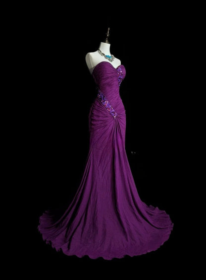 Elegant Sweetheart Purple Long Prom Dress Beaded Chiffon Sheath Evening Dress Sleeveless Birthday Dress ED06687