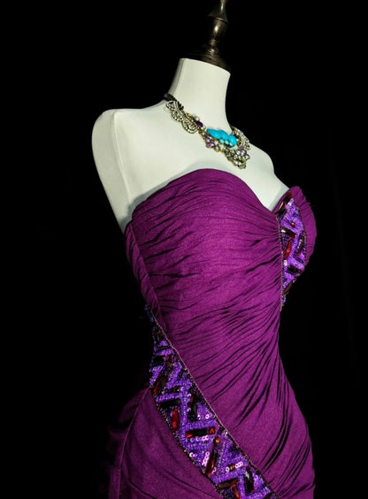 Elegant Sweetheart Purple Long Prom Dress Beaded Chiffon Sheath Evening Dress Sleeveless Birthday Dress ED06687