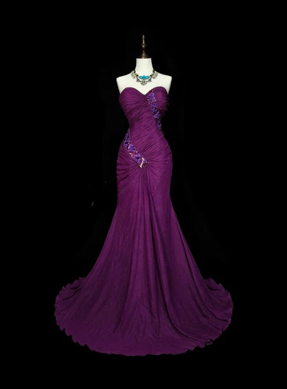 Elegant Sweetheart Purple Long Prom Dress Beaded Chiffon Sheath Evening Dress Sleeveless Birthday Dress ED06687