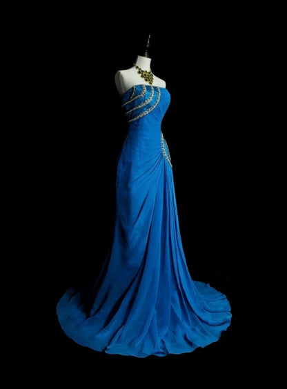 Elegant Strapless Blue Long Prom Dress Beaded Chiffon Sheath Evening Dress Sleeveless Birthday Dress ED06688