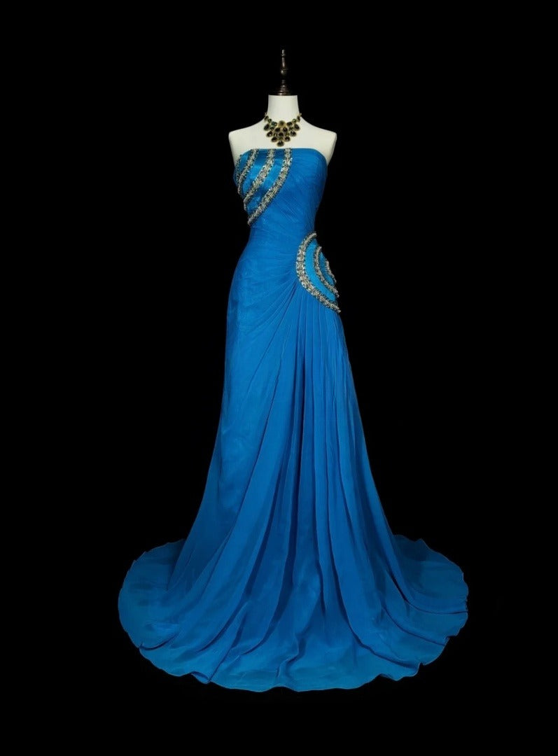 Elegant Strapless Blue Long Prom Dress Beaded Chiffon Sheath Evening Dress Sleeveless Birthday Dress ED06688