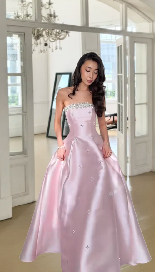 Elegant Strapless Pink Long Prom Dress Beaded Satin A-Line Evening Dress Sleeveless Birthday Dress ED06689