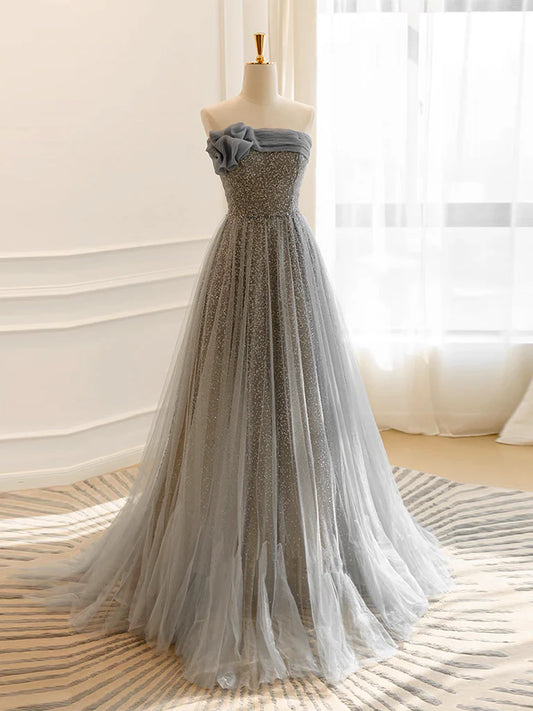 Robe de bal longue en tulle gris à paillettes, robe de soirée longue en tulle gris ED0669