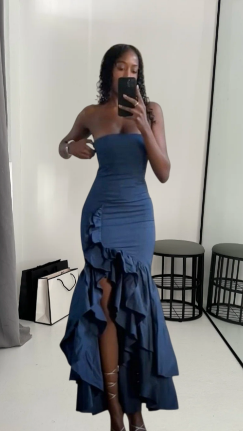 Sexy Strapless Navy Blue Long Prom Dress Satin Sheath Evening Dress Sleeveless Birthday Dress ED06692