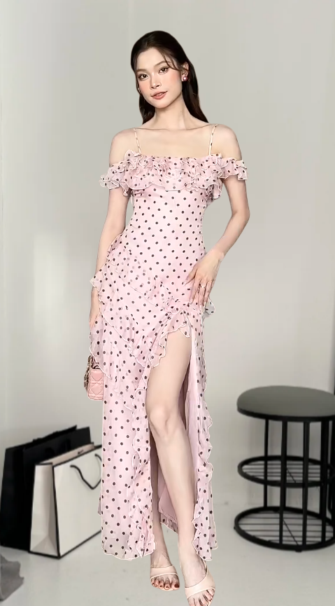 Sexy Spaghetti Straps Pink Polka Dot Long Prom Dress Chiffon Sheath Evening Dress Sleeveless Birthday Dress ED06694