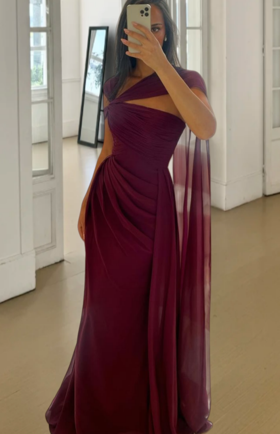 Chic Asymmetrical Neckline Burgundy Long Prom Dress Chiffon Sheath Evening Dress Sleeveless Birthday Dress ED06697