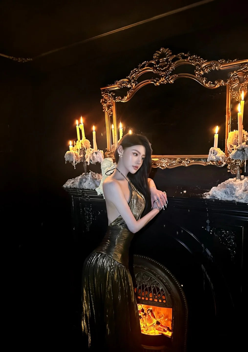 Chic Halter Brown Long Prom Dress Satin Sheath Evening Dress Sleeveless Birthday Dress ED06698