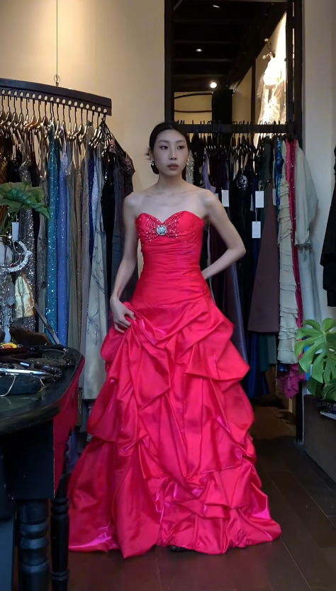 Chic Strapless Pink Long Prom Dress Satin A-Line  Evening Dress Sleeveless Birthday Dress ED06700