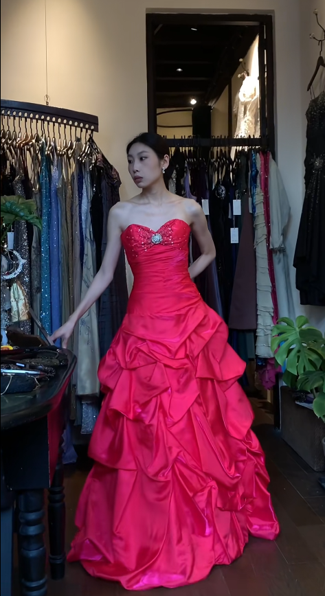 Chic Strapless Pink Long Prom Dress Satin A-Line  Evening Dress Sleeveless Birthday Dress ED06700