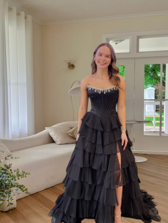 Gorgeous Long Black Prom Dresses Strapless A-Line Slit Evening Dress Chiffon Sleeveless Birthday Dress ED06702