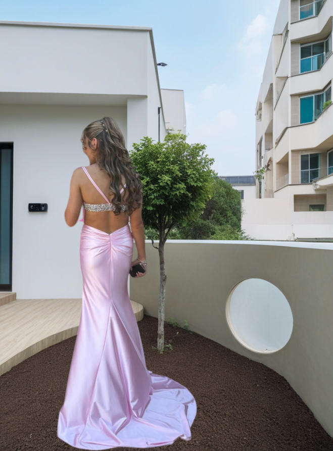 Sexy Long Pink Prom Dresses Spaghetti Straps Sheath Slit Evening Dress Satin Sleeveless Birthday Dress ED06705