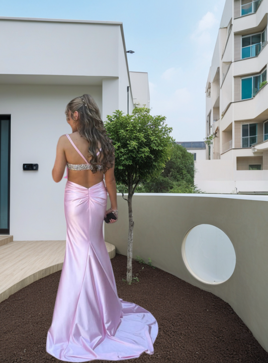 Sexy Long Pink Prom Dresses Spaghetti Straps Sheath Slit Evening Dress Satin Sleeveless Birthday Dress ED06705