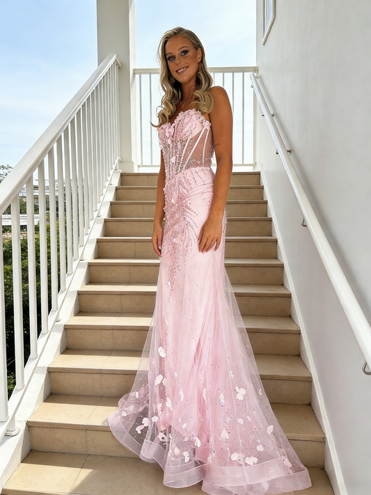 Cute Long Pink Prom Dresses Sweetheart Mermaid Evening Dress Appliques Tulle Sleeveless Birthday Dress ED06707