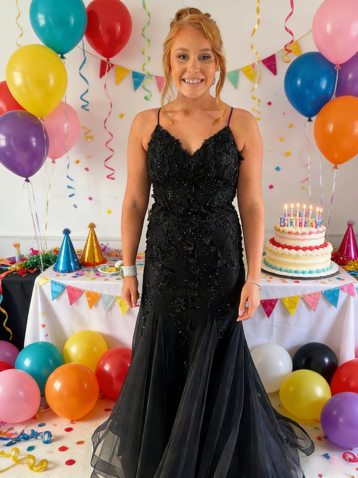 Elegant Long Black Prom Dresses Spaghetti Straps Mermaid Evening Dress Appliques Tulle Sleeveless Birthday Dress ED06709