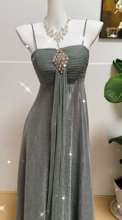 Vintage Prom Dresses Spaghetti Straps A-Line Long Evening Dress Glitter Chiffon Sleeveless Birthday Dress ED06711