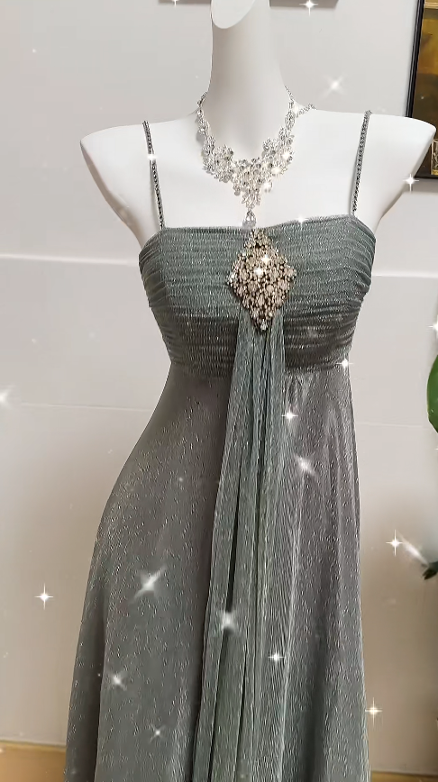 Vintage Prom Dresses Spaghetti Straps A-Line Long Evening Dress Glitter Chiffon Sleeveless Birthday Dress ED06711