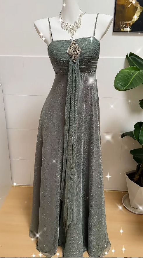 Vintage Prom Dresses Spaghetti Straps A-Line Long Evening Dress Glitter Chiffon Sleeveless Birthday Dress ED06711